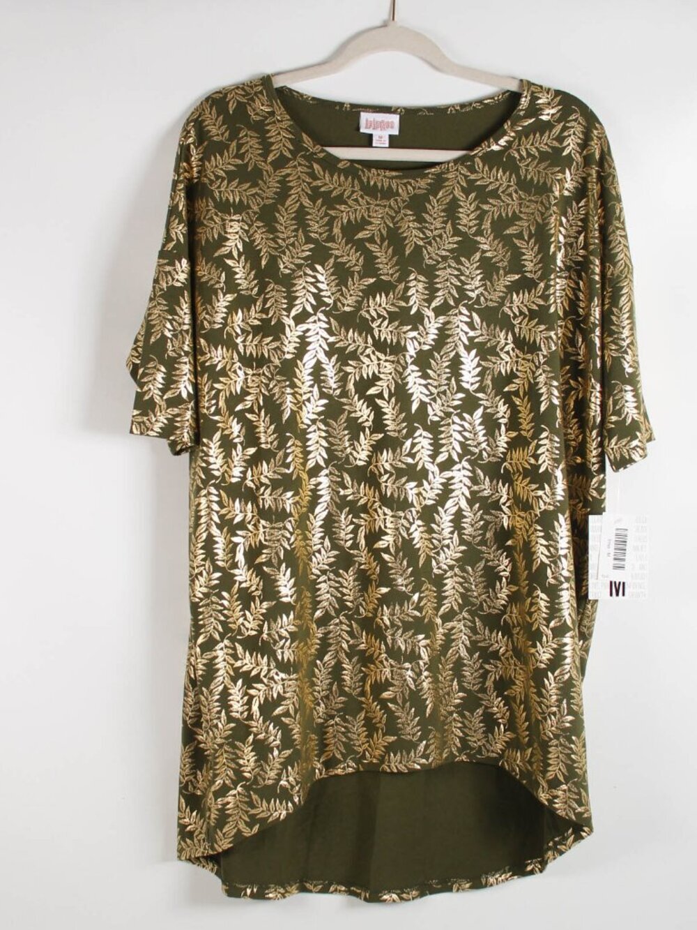 LuLaRoe Irma Top Size Medium (oversized) Olive Gold Leaf High Low Tunic NWT